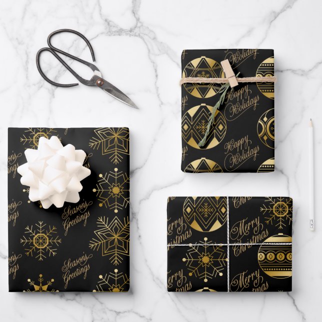 Black And Gold Baubles And Snowflakes Christmas Wrapping Paper Sheets (Front)