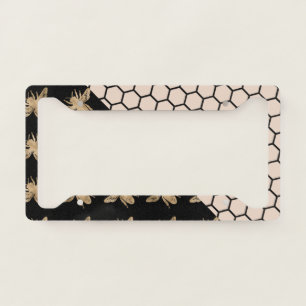 Black and Gold Bees and Pink Honeycomb License Plate Frame