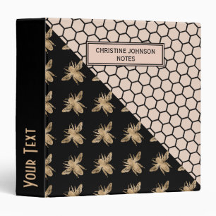 Black and Gold Bees and Pink Honeycomb Monogram 3 Ring Binder