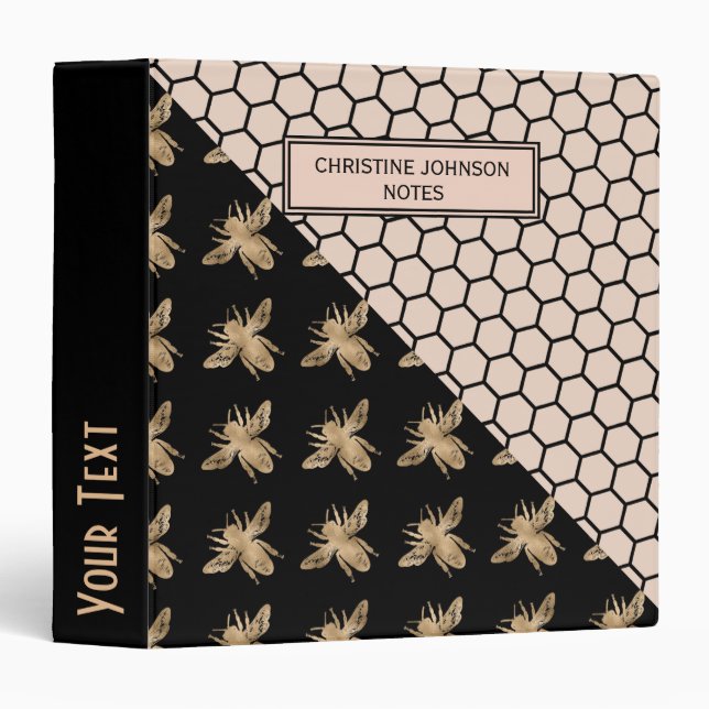 Black and Gold Bees and Pink Honeycomb Monogram 3 Ring Binder (Front/Spine)