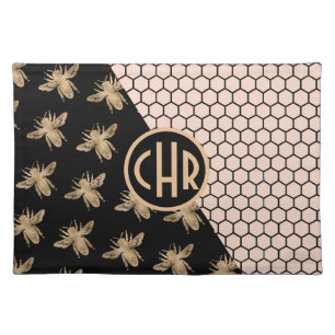 Black and Gold Bees and Pink Honeycomb Monogram Cloth Placemat