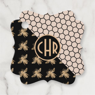 Black and Gold Bees and Pink Honeycomb Monogram Favor Tags