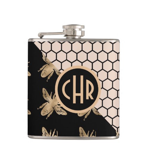 Black and Gold Bees and Pink Honeycomb Monogram Flask