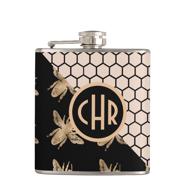 Black and Gold Bees and Pink Honeycomb Monogram Flask (Front)