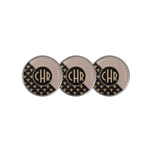 Black and Gold Bees and Pink Honeycomb Monogram Golf Ball Marker