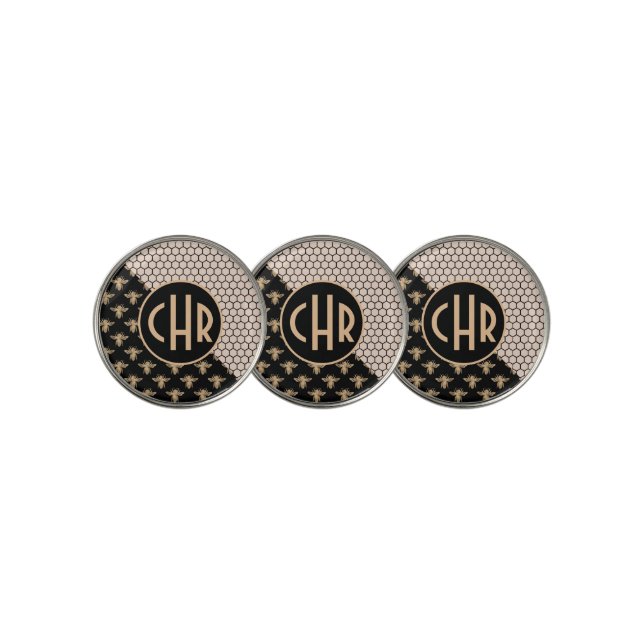 Black and Gold Bees and Pink Honeycomb Monogram Golf Ball Marker (3 Up)