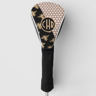 Black and Gold Bees and Pink Honeycomb Monogram Golf Head Cover