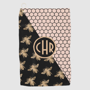 Black and Gold Bees and Pink Honeycomb Monogram Golf Towel