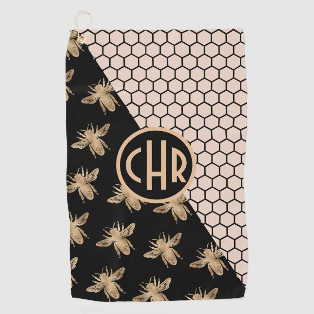 Black and Gold Bees and Pink Honeycomb Monogram Golf Towel (Front)