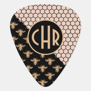 Black and Gold Bees and Pink Honeycomb Monogram Guitar Pick
