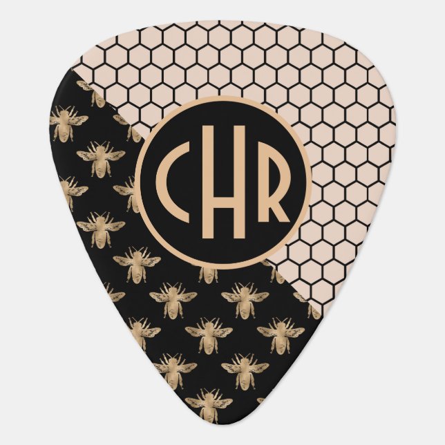 Black and Gold Bees and Pink Honeycomb Monogram Guitar Pick (Front)