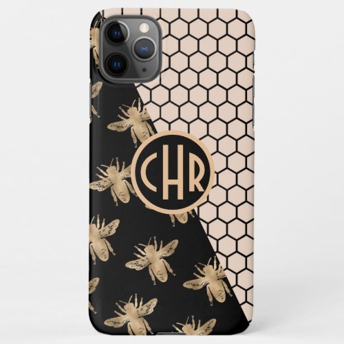 Black and Gold Bees and Pink Honeycomb Monogram iPhone 11Pro Max Case