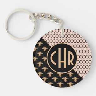 Black and Gold Bees and Pink Honeycomb Monogram Keychain