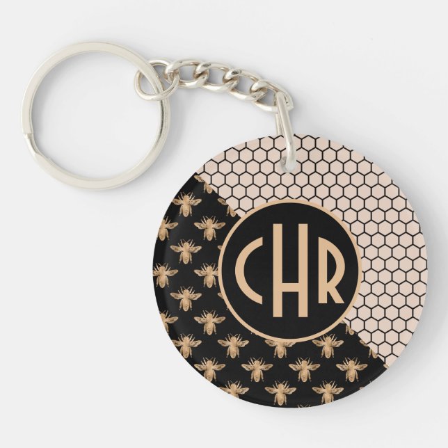 Black and Gold Bees and Pink Honeycomb Monogram Keychain (Front)