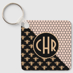 Black and Gold Bees and Pink Honeycomb Monogram Keychain