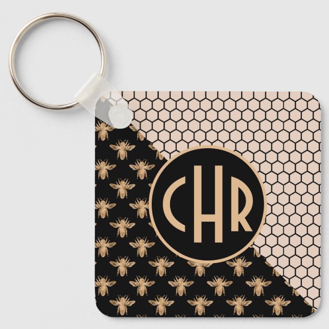 Black and Gold Bees and Pink Honeycomb Monogram Keychain (Front)