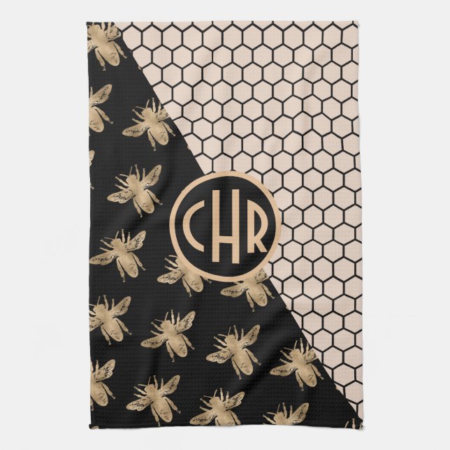 Black and Gold Bees and Pink Honeycomb Monogram Kitchen Towel (Vertical)