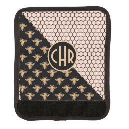 Black and Gold Bees and Pink Honeycomb Monogram Luggage Handle Wrap