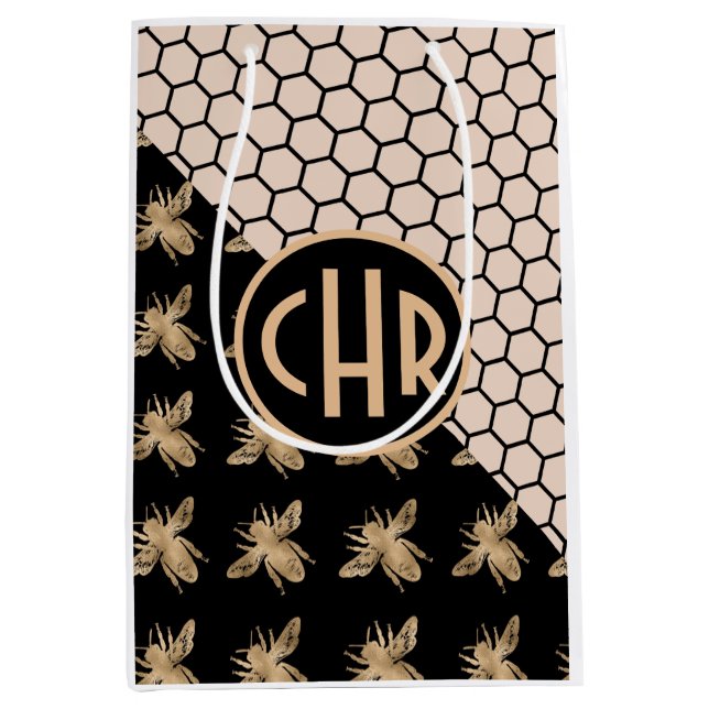 Black and Gold Bees and Pink Honeycomb Monogram Medium Gift Bag (Front)
