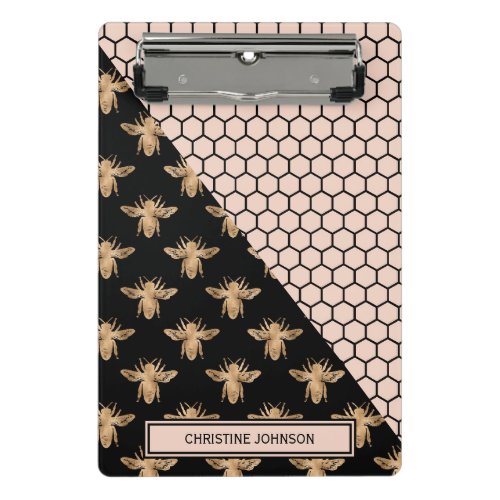Black and Gold Bees and Pink Honeycomb Monogram Mini Clipboard