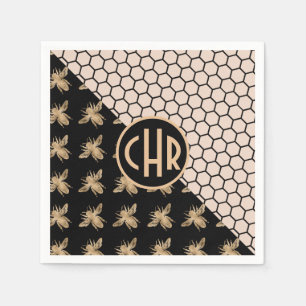 Black and Gold Bees and Pink Honeycomb Monogram Napkins