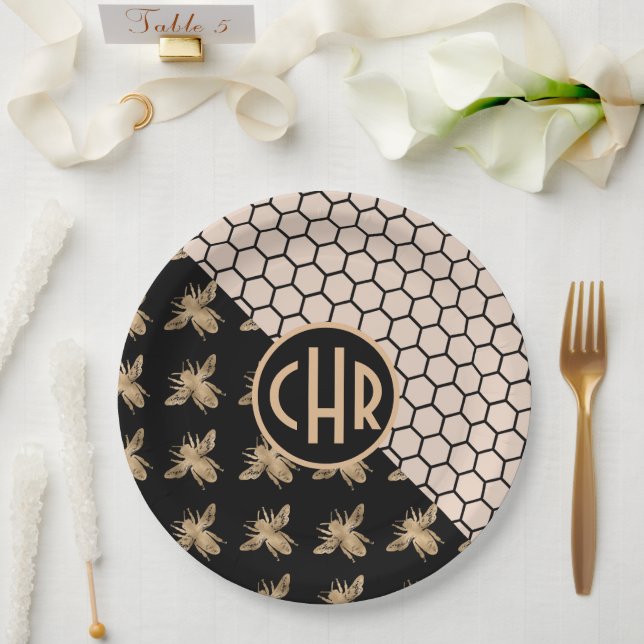 Black and Gold Bees and Pink Honeycomb Monogram Paper Plates (Wedding)
