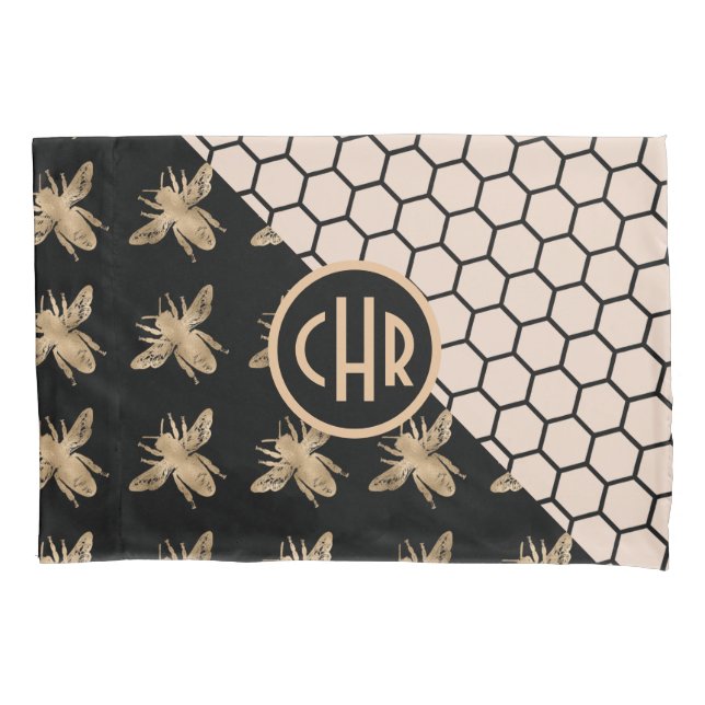 Black and Gold Bees and Pink Honeycomb Monogram Pillow Case (Front)