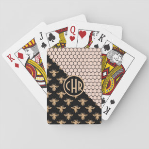 Black and Gold Bees and Pink Honeycomb Monogram Playing Cards