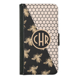 Black and Gold Bees and Pink Honeycomb Monogram Samsung Galaxy S5 Wallet Case