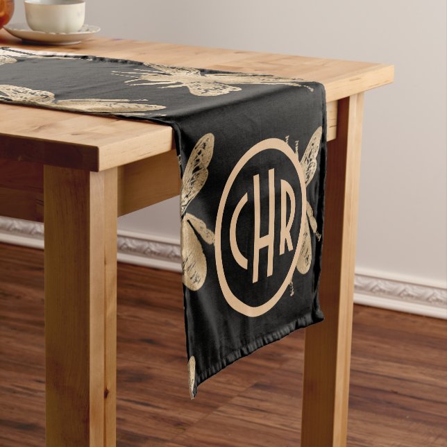 Black and Gold Bees and Pink Honeycomb Monogram Short Table Runner (In Situ)