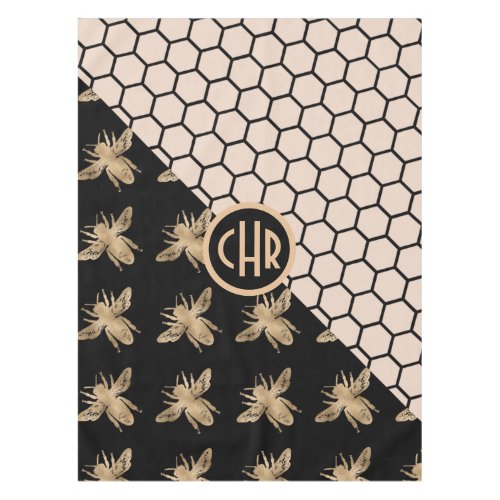 Black and Gold Bees and Pink Honeycomb Monogram Tablecloth