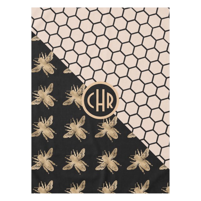 Black and Gold Bees and Pink Honeycomb Monogram Tablecloth (Front)