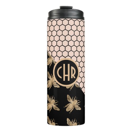 Black and Gold Bees and Pink Honeycomb Monogram Thermal Tumbler