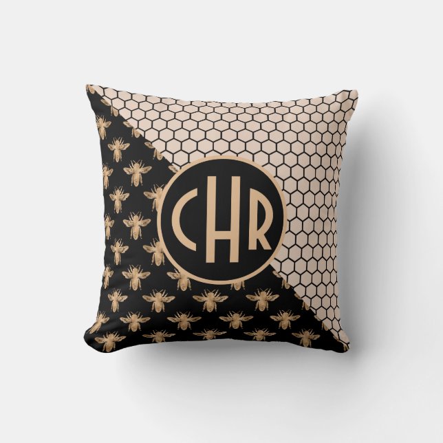 Black and Gold Bees and Pink Honeycomb Monogram Throw Pillow (Front)