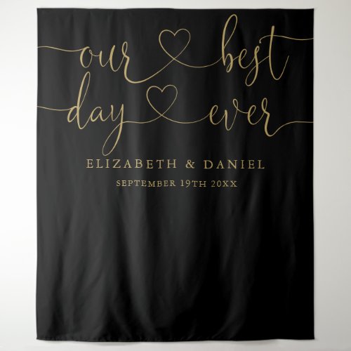 Black And Gold Best Day Ever Heart Script Wedding Tapestry