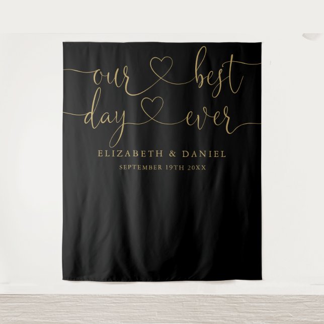 Black And Gold Best Day Ever Heart Script Wedding Tapestry (Front)
