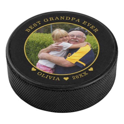 Black And Gold Best Grandpa Ever  Photo Hockey Puck