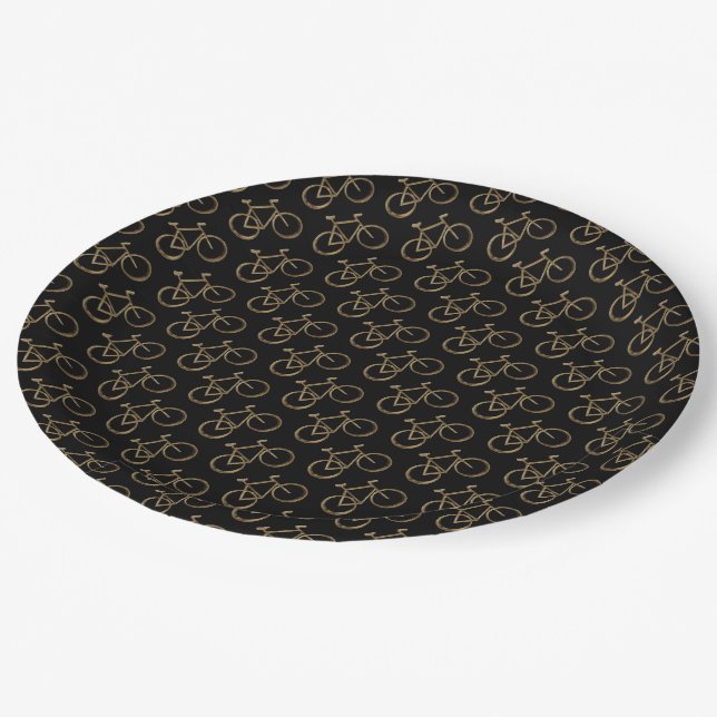 Black and Gold Bike Bicycle Cycling Cyclist Paper Plates (Angled)