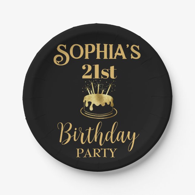 Black and Gold Birthday Custom Paper Plates (Front)
