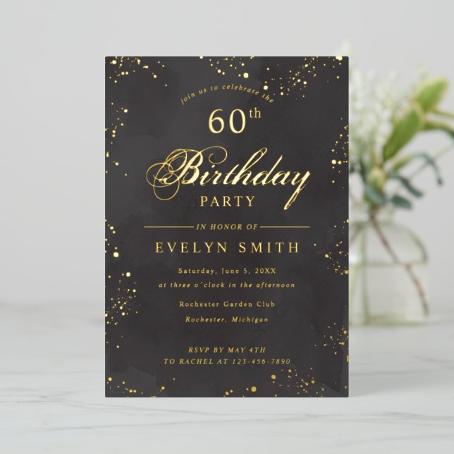 Black and gold birthday  foil invitation (Standing Front)