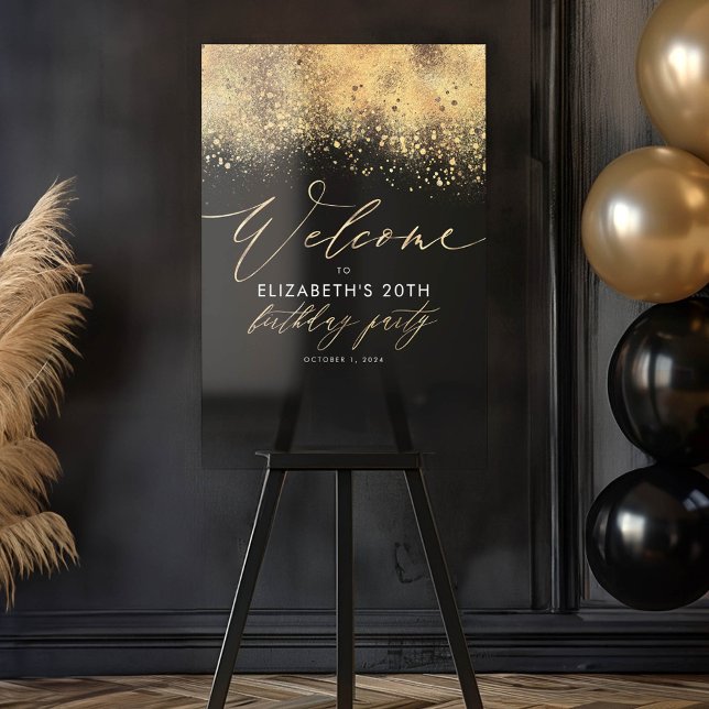 Black and Gold Birthday Party Welcome Acrylic Sign (Black Birthday Party Welcome Sign)