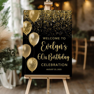 Black and Gold Birthday Welcome Sign Balloon Bday
