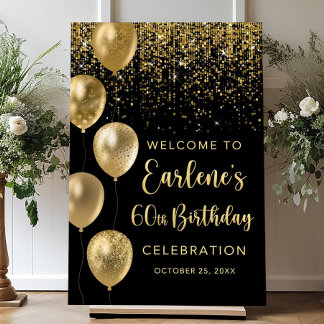 Black and Gold Birthday Welcome Sign Balloon Bday