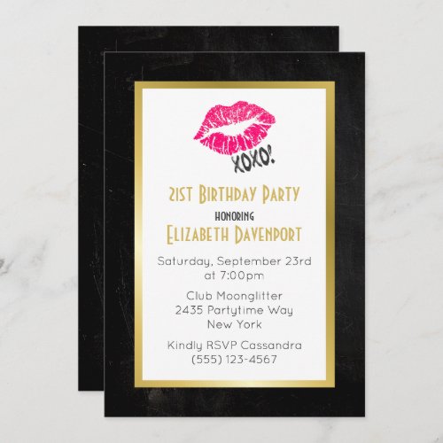 Black and Gold Birthday with Pink Kissy Lips Invitation