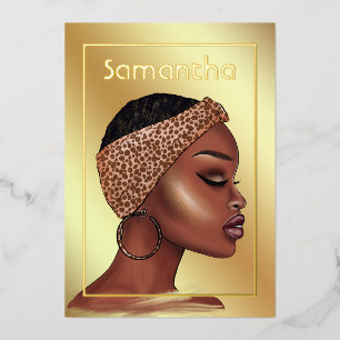 Black and Gold Black Woman Birthday Party Foil Inv Invitation
