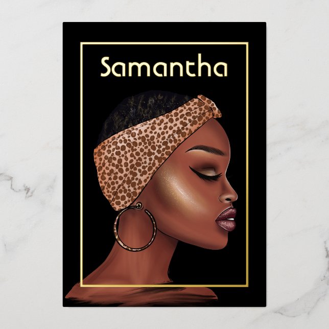 Black and Gold Black Woman Birthday Party Foil Invitation (Front)