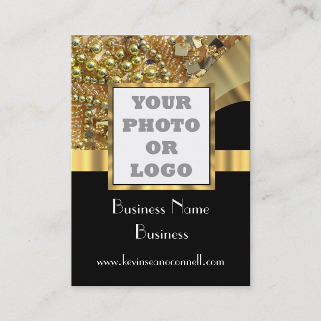 Black and gold bling  photo logo business card (Front)