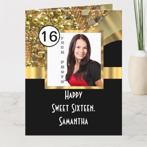 Black and gold bling sweet sixteen thank you card