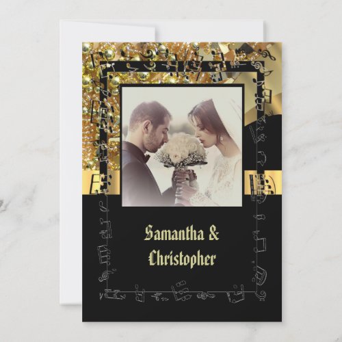 Black and gold bling wedding photo invitation