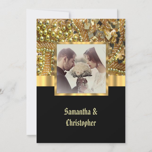 Black and gold bling wedding photo invitation (Back)
